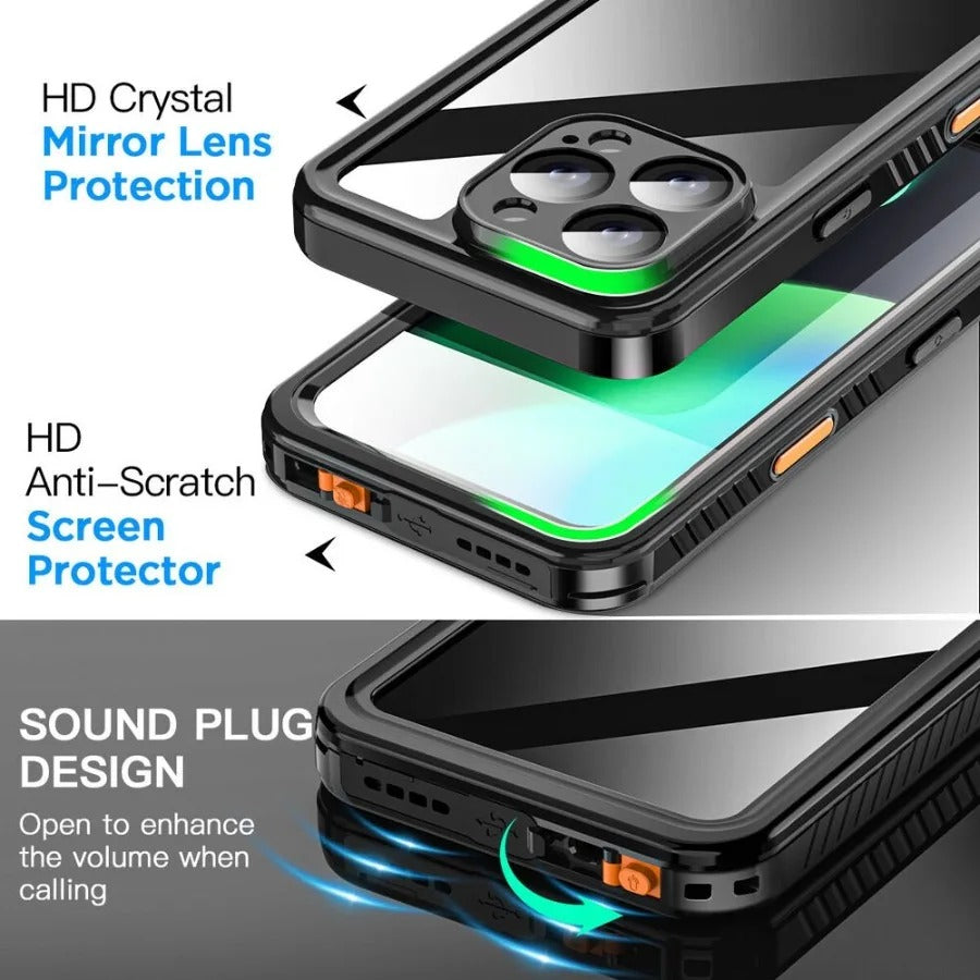 Rugged iPhone Case — IP68 Waterproof Full-Body Magnetic Cover with Built-In Screen Protector, Dual-Layer Drop Protection and 360° Dustproof Non-Slip Design