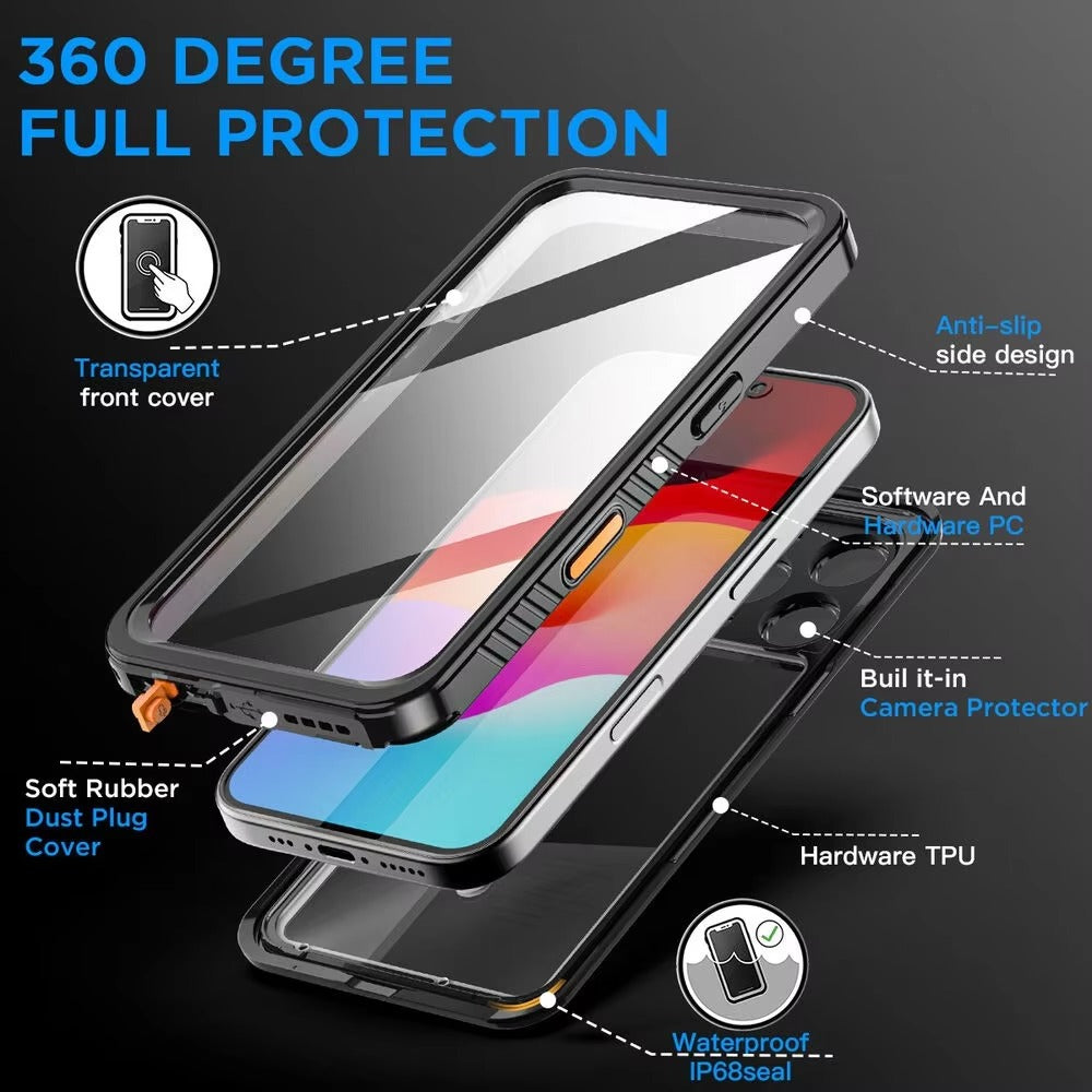 Rugged iPhone Case — IP68 Waterproof Full-Body Magnetic Cover with Built-In Screen Protector, Dual-Layer Drop Protection and 360° Dustproof Non-Slip Design