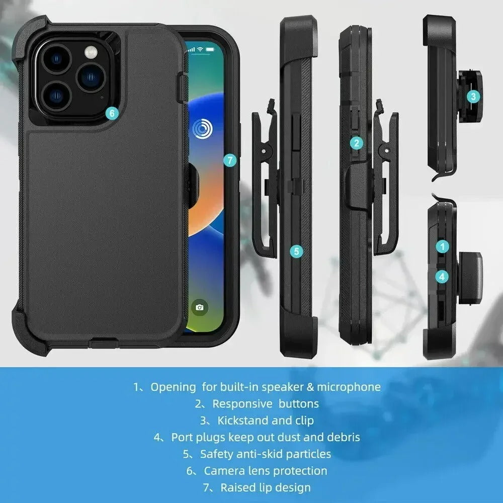 Rugged iPhone Case — Military-Grade Heavy-Duty Armor Box Cover with Belt Clip, Dual-Layer Shockproof Protection, Kickstand and Non-Slip Dustproof Design