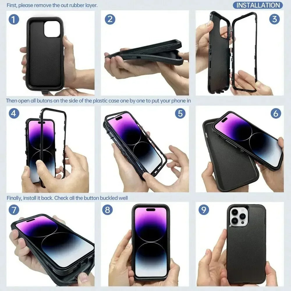 Rugged iPhone Case — Military-Grade Heavy-Duty Armor Box Cover with Belt Clip, Dual-Layer Shockproof Protection, Kickstand and Non-Slip Dustproof Design