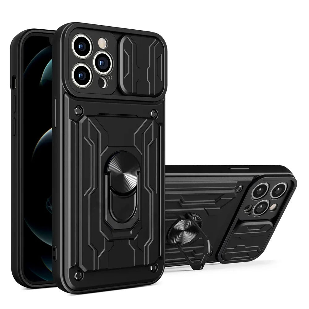 Rugged iPhone Case — Military-Grade Magnetic Bumper Cover with Slide Camera Protection, 360° Ring Kickstand, Card Slot Wallet Design and Shockproof PC+TPU Build