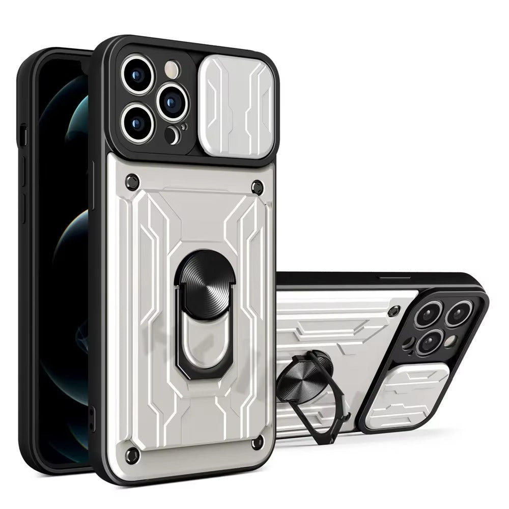 Rugged iPhone Case — Military-Grade Magnetic Bumper Cover with Slide Camera Protection, 360° Ring Kickstand, Card Slot Wallet Design and Shockproof PC+TPU Build