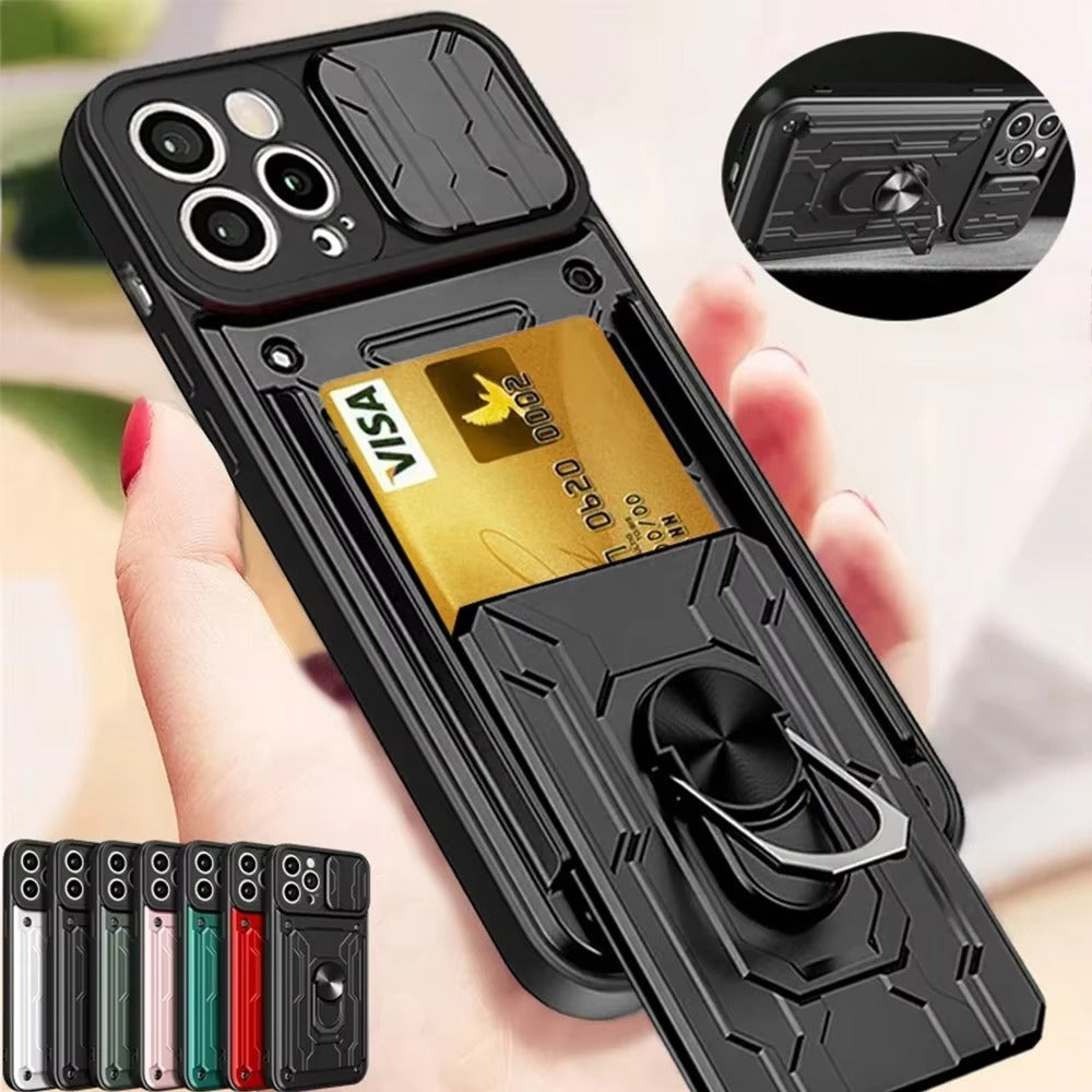 Rugged iPhone Case — Military-Grade Magnetic Bumper Cover with Slide Camera Protection, 360° Ring Kickstand, Card Slot Wallet Design and Shockproof PC+TPU Build