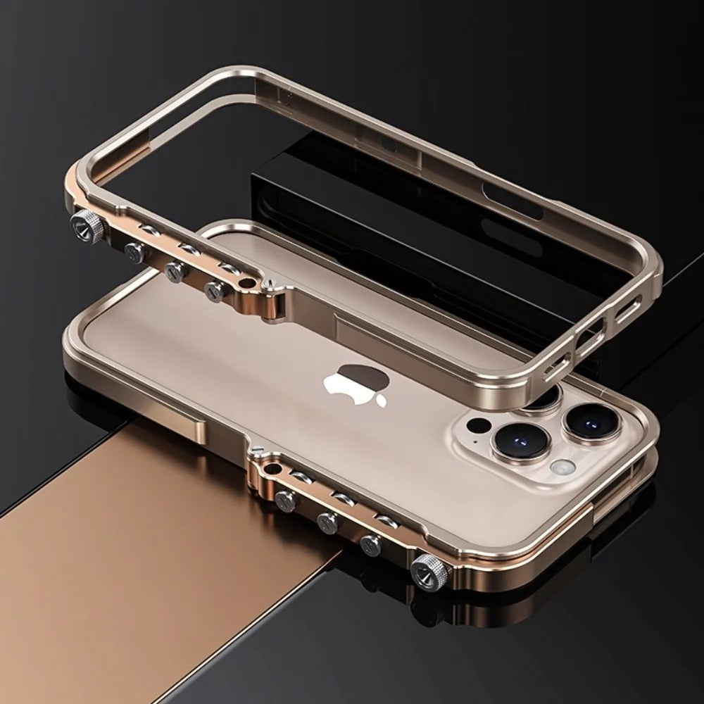 Rugged iPhone Case — Ultra-Light Aluminum Alloy Mecha Bumper with Military-Grade 360° Drop Protection, Shockproof Design and Lanyard Support