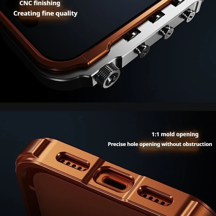Rugged iPhone Case — Ultra-Light Aluminum Alloy Mecha Bumper with Military-Grade 360° Drop Protection, Shockproof Design and Lanyard Support