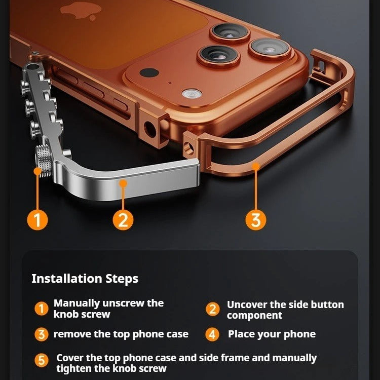 Rugged iPhone Case — Ultra-Light Aluminum Alloy Mecha Bumper with Military-Grade 360° Drop Protection, Shockproof Design and Lanyard Support