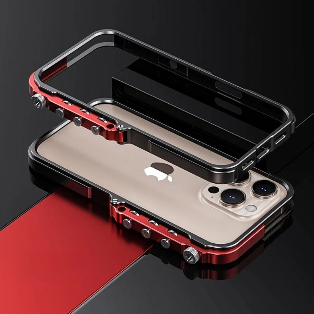 Rugged iPhone Case — Ultra-Light Aluminum Alloy Mecha Bumper with Military-Grade 360° Drop Protection, Shockproof Design and Lanyard Support