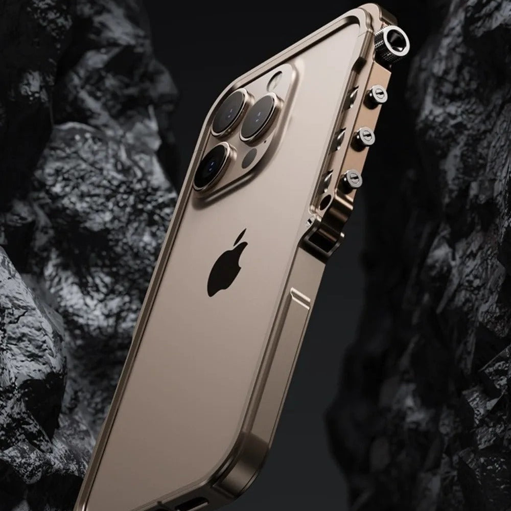 Rugged iPhone Case — Ultra-Light Aluminum Alloy Mecha Bumper with Military-Grade 360° Drop Protection, Shockproof Design and Lanyard Support