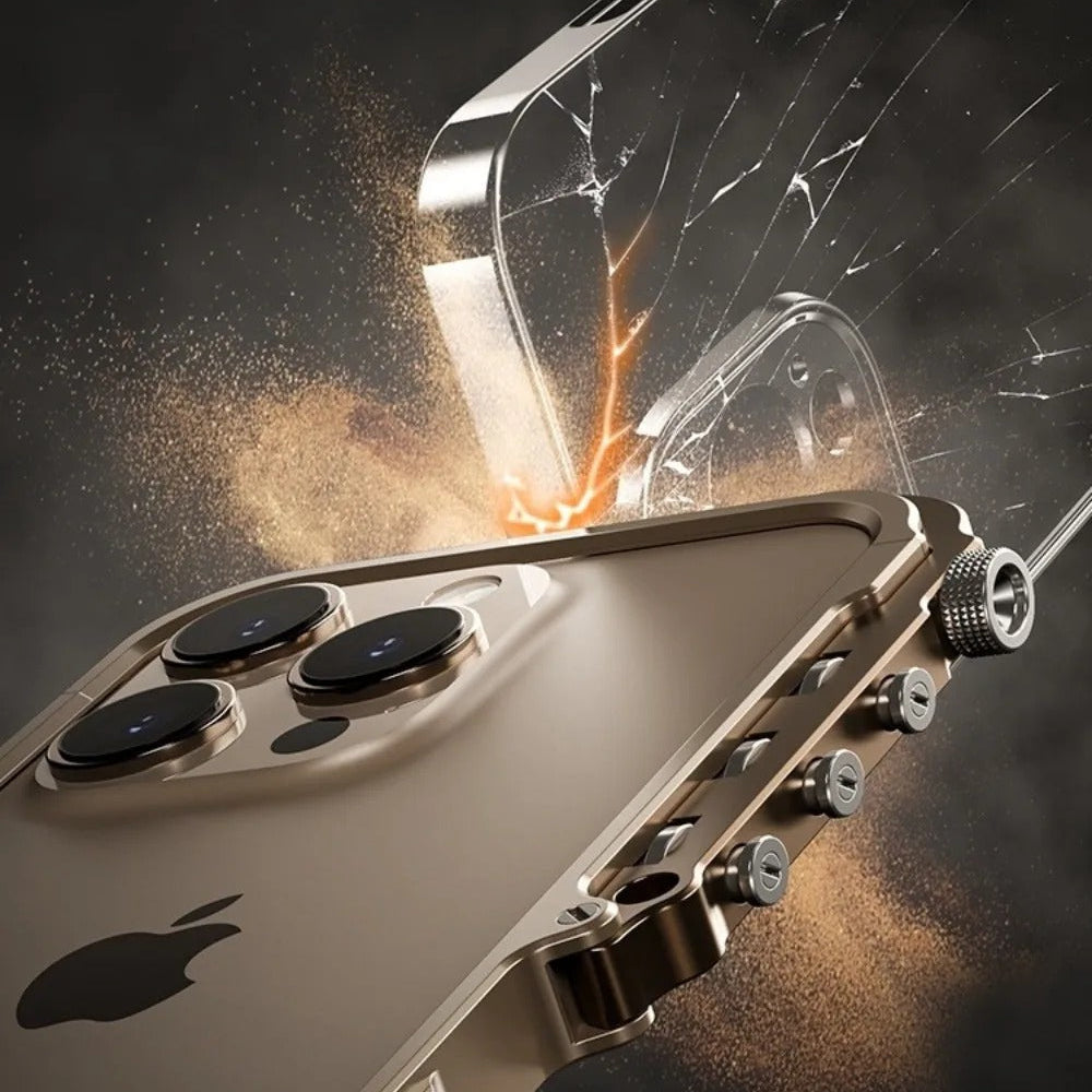 Rugged iPhone Case — Ultra-Light Aluminum Alloy Mecha Bumper with Military-Grade 360° Drop Protection, Shockproof Design and Lanyard Support