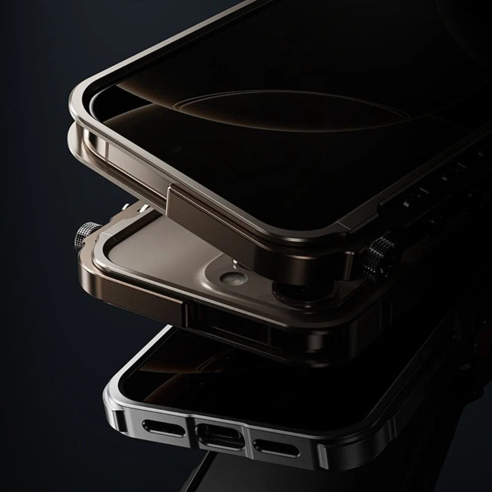 Rugged iPhone Case — Ultra-Light Aluminum Alloy Mecha Bumper with Military-Grade 360° Drop Protection, Shockproof Design and Lanyard Support