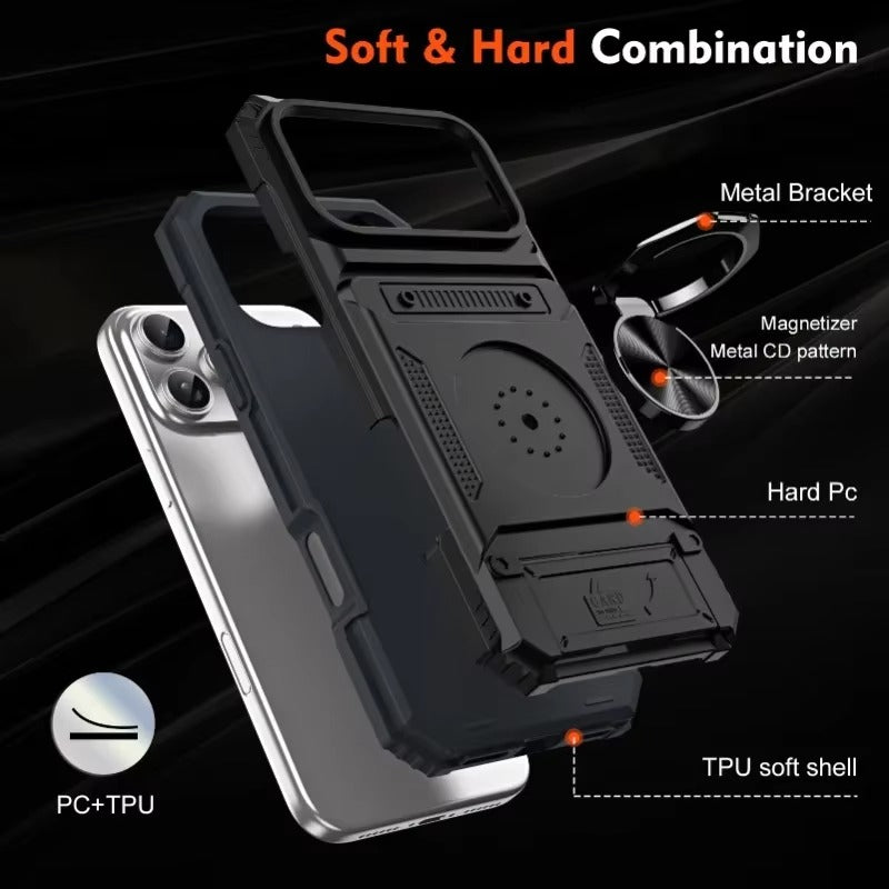 Rugged iPhone Magnetic Wallet Case with Ring Stand — Heavy Duty Armor Drop Protection, Dual Layer Shockproof Cover, Anti-Fingerprint Scratch-Resistant Design