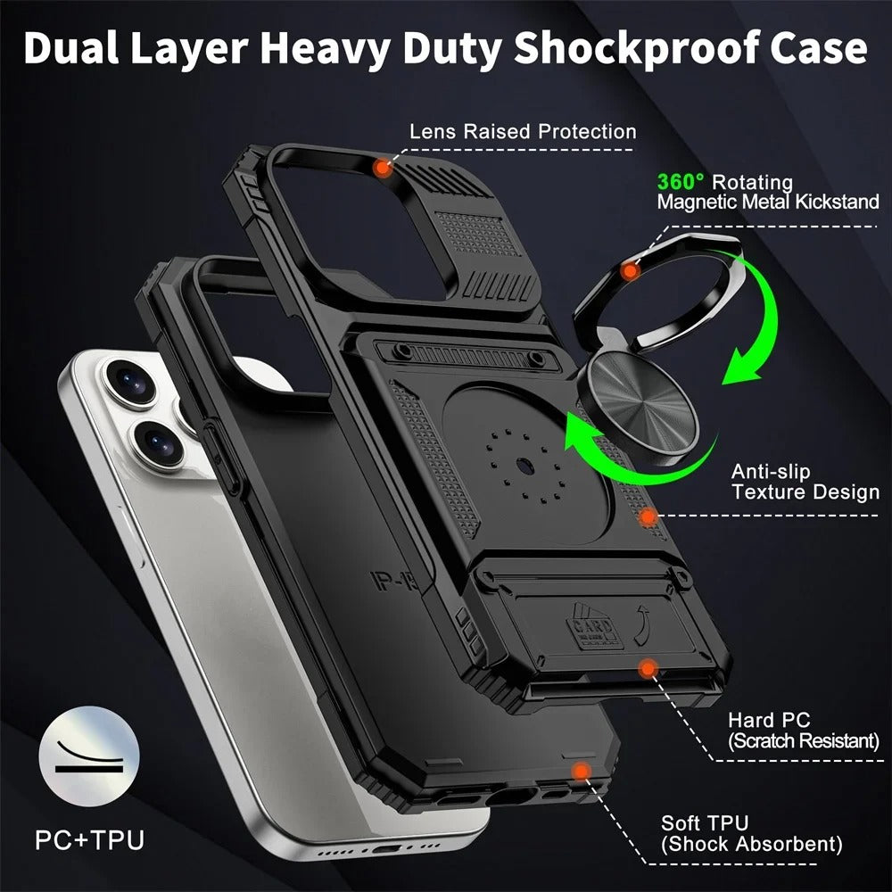 Rugged iPhone Magnetic Wallet Case with Ring Stand — Heavy Duty Armor Drop Protection, Dual Layer Shockproof Cover, Anti-Fingerprint Scratch-Resistant Design