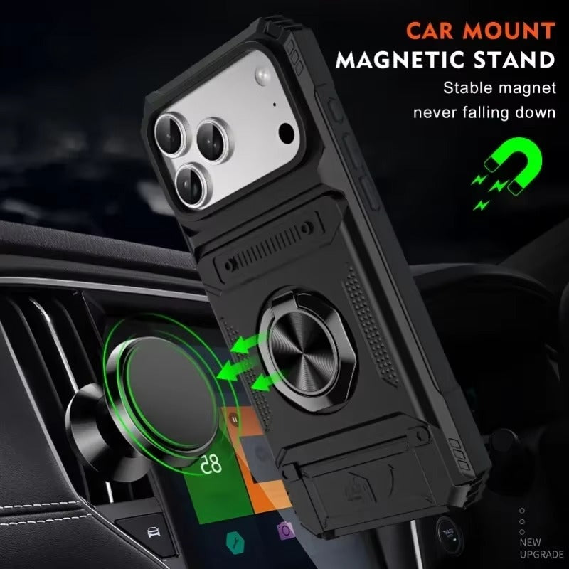Rugged iPhone Magnetic Wallet Case with Ring Stand — Heavy Duty Armor Drop Protection, Dual Layer Shockproof Cover, Anti-Fingerprint Scratch-Resistant Design
