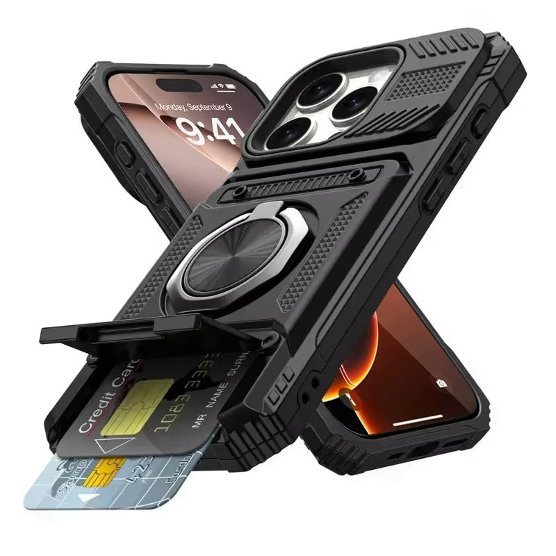 Rugged iPhone Magnetic Wallet Case with Ring Stand — Heavy Duty Armor Drop Protection, Dual Layer Shockproof Cover, Anti-Fingerprint Scratch-Resistant Design