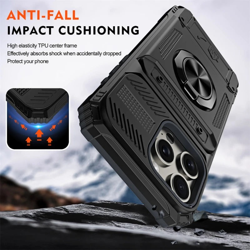 Rugged iPhone Magnetic Wallet Case with Ring Stand — Heavy Duty Armor Drop Protection, Dual Layer Shockproof Cover, Anti-Fingerprint Scratch-Resistant Design