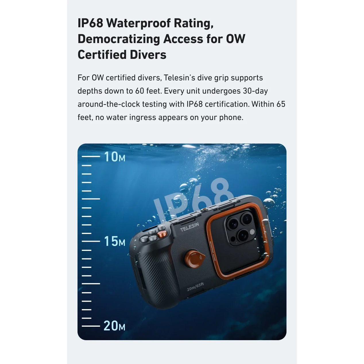 Rugged iPhone Waterproof Case for Diving — TELESIN 20m/65ft Underwater Housing with Bluetooth Photo & Video Control, Full Coverage IP68 Surfing & Snorkeling Protection