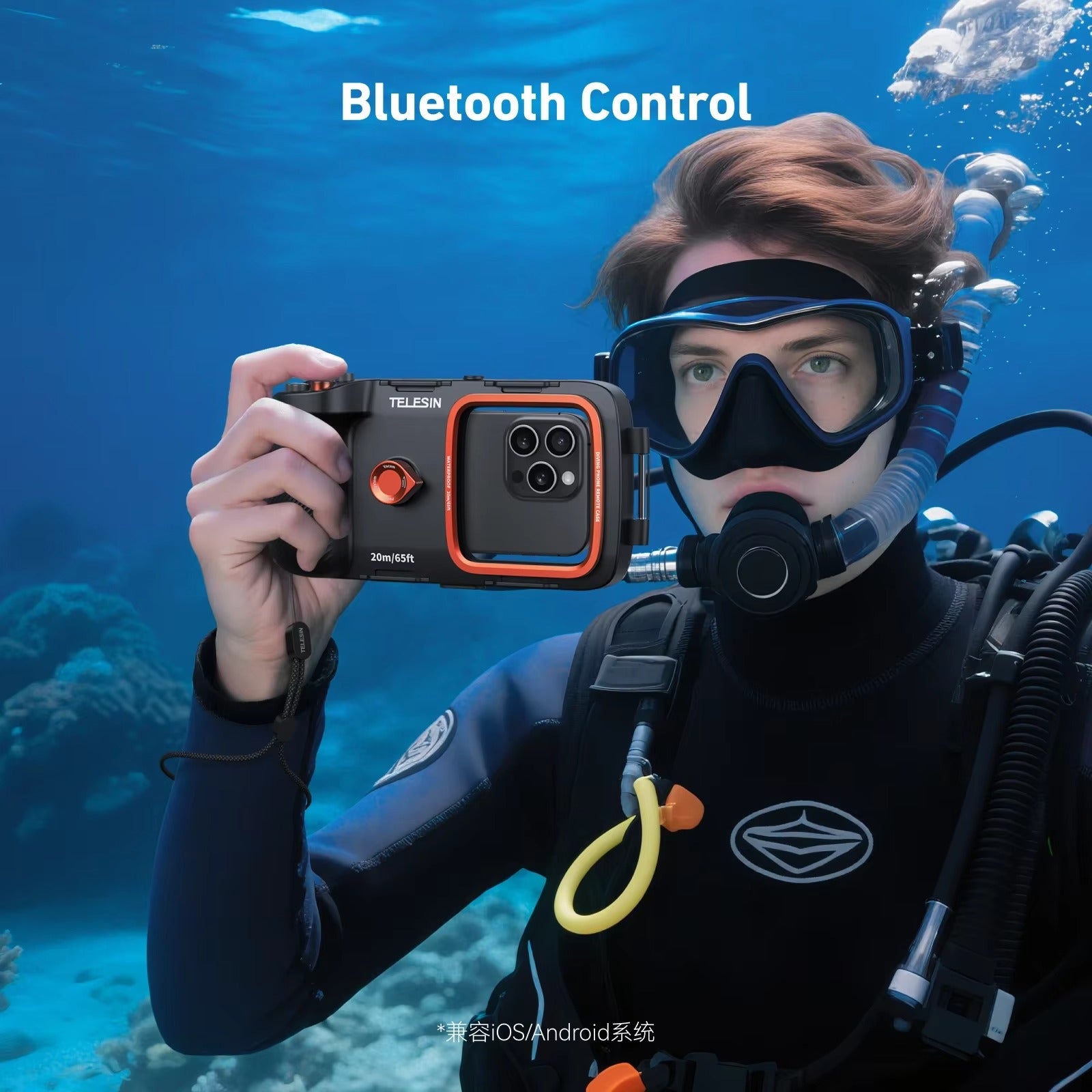 Rugged iPhone Waterproof Case for Diving — TELESIN 20m/65ft Underwater Housing with Bluetooth Photo & Video Control, Full Coverage IP68 Surfing & Snorkeling Protection