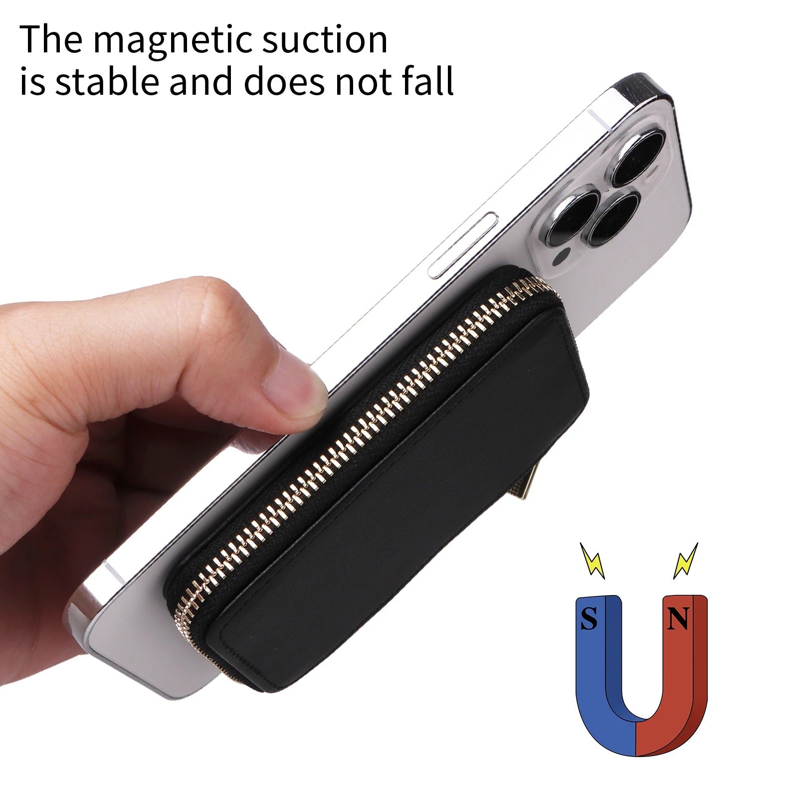 Refined iPhone Magnetic Leather Wallet, MagSafe-Compatible Card Holder with RFID Blocking, Slim Storage Design with Lanyard Support