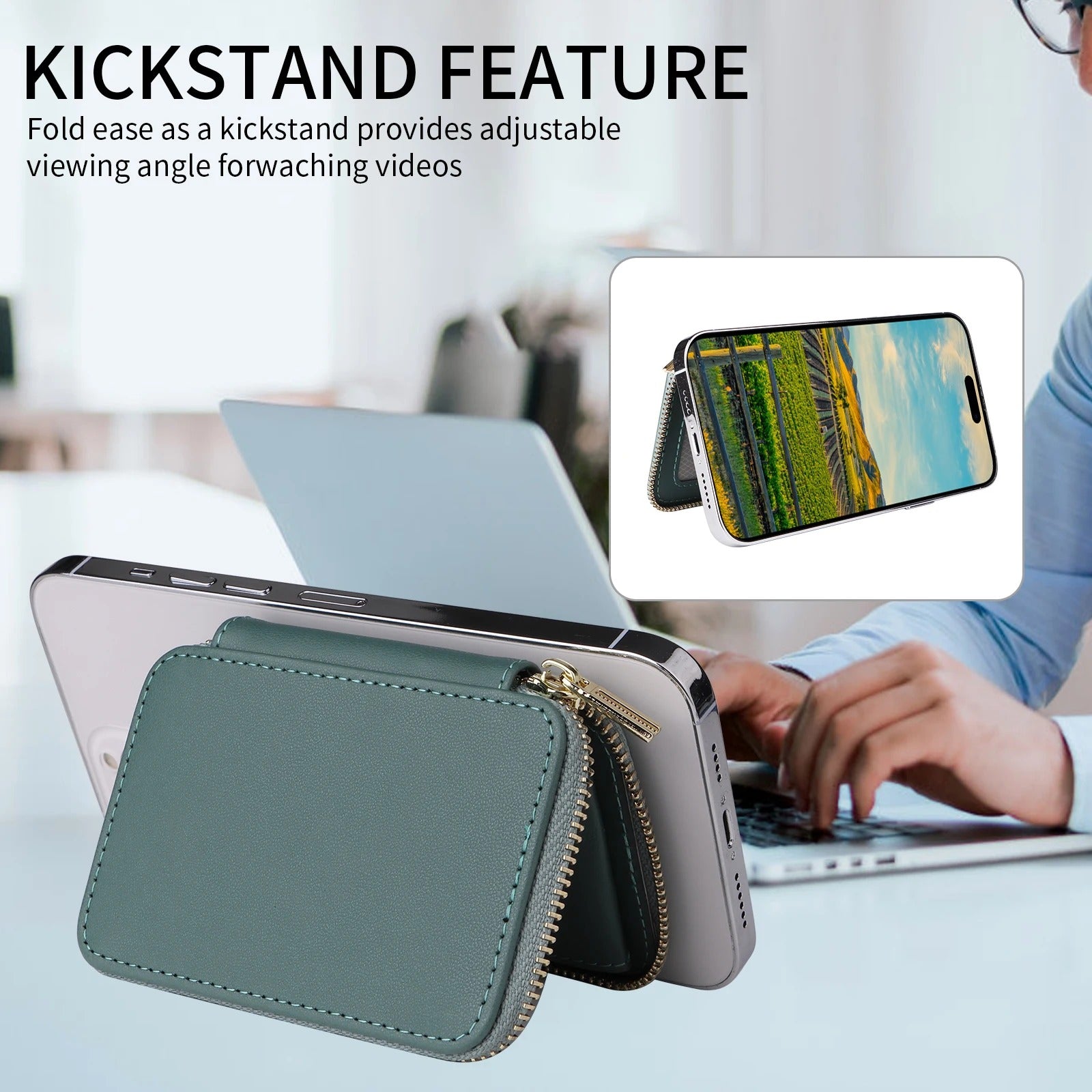 Refined iPhone Magnetic Leather Wallet, MagSafe-Compatible Card Holder with RFID Blocking, Slim Storage Design with Lanyard Support