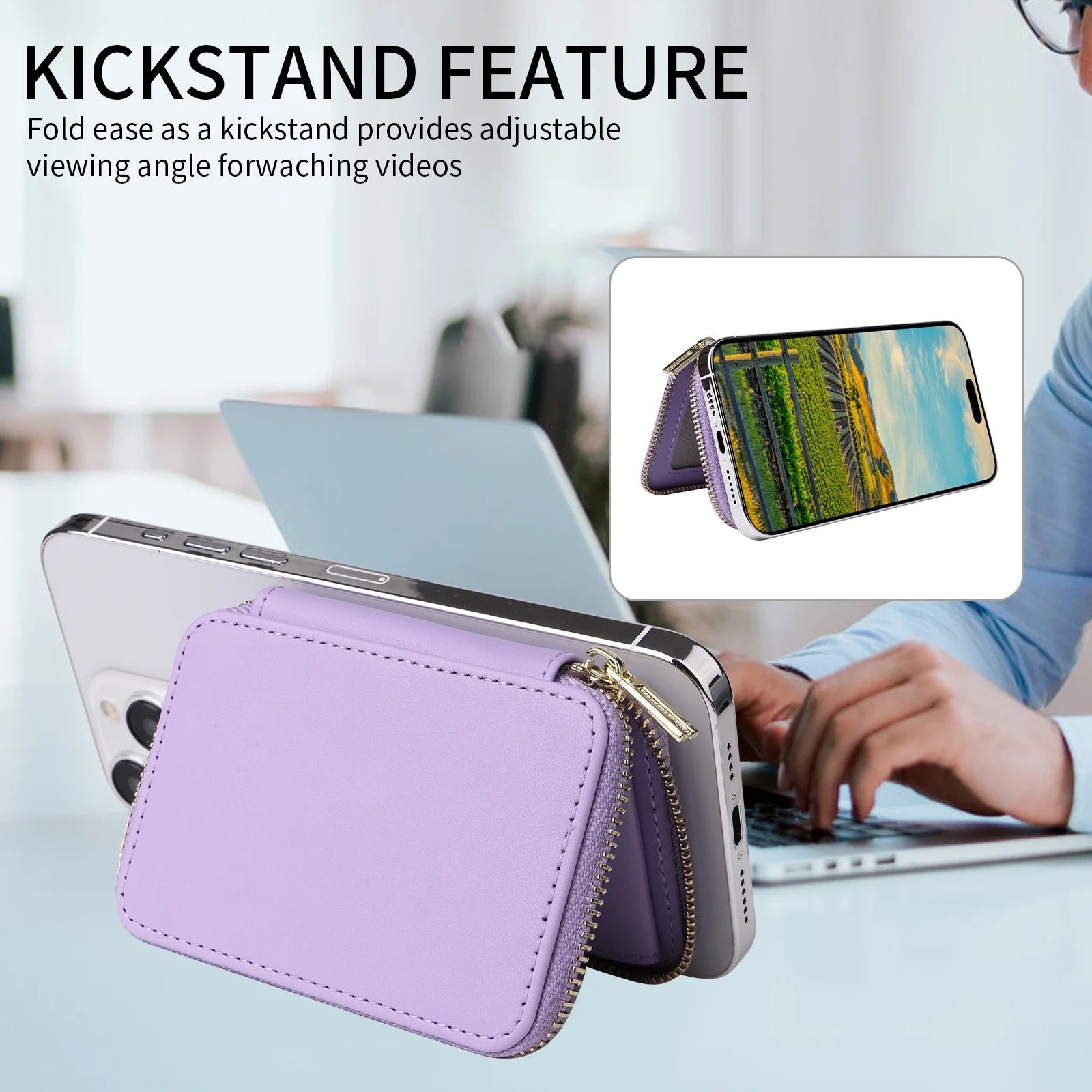Refined iPhone Magnetic Leather Wallet, MagSafe-Compatible Card Holder with RFID Blocking, Slim Storage Design with Lanyard Support