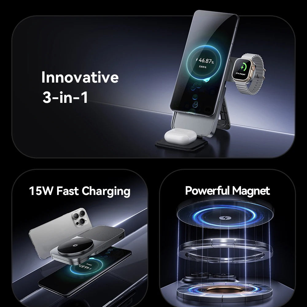 Ultra-Slim iPhone 3-in-1 Portable Wireless Charger Stand, 15W Magnetic Fast-Charge Dock for Phone, Watch & Earbuds with Foldable Design