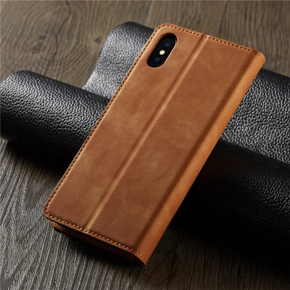 Ultra-Slim iPhone Leather Flip Wallet Case — Magnetic Suede Cover with Card Slots, Cash Pocket, Stand Function, Lightweight Full Body Protective Design