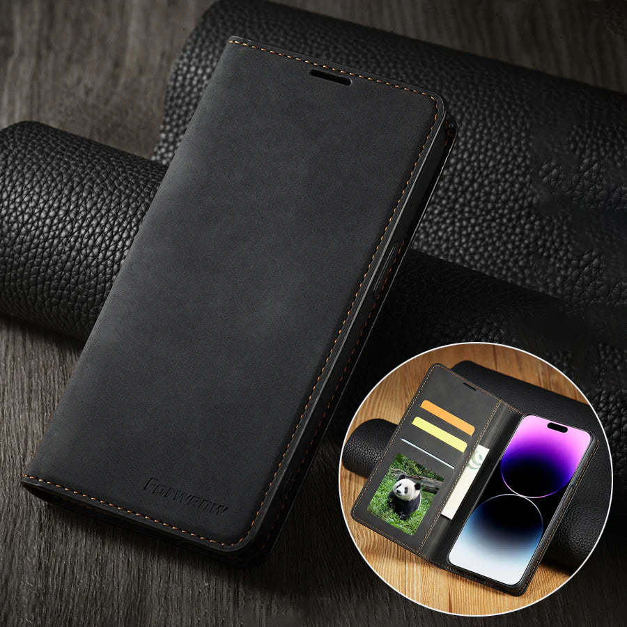 Ultra-Slim iPhone Leather Flip Wallet Case — Magnetic Suede Cover with Card Slots, Cash Pocket, Stand Function, Lightweight Full Body Protective Design