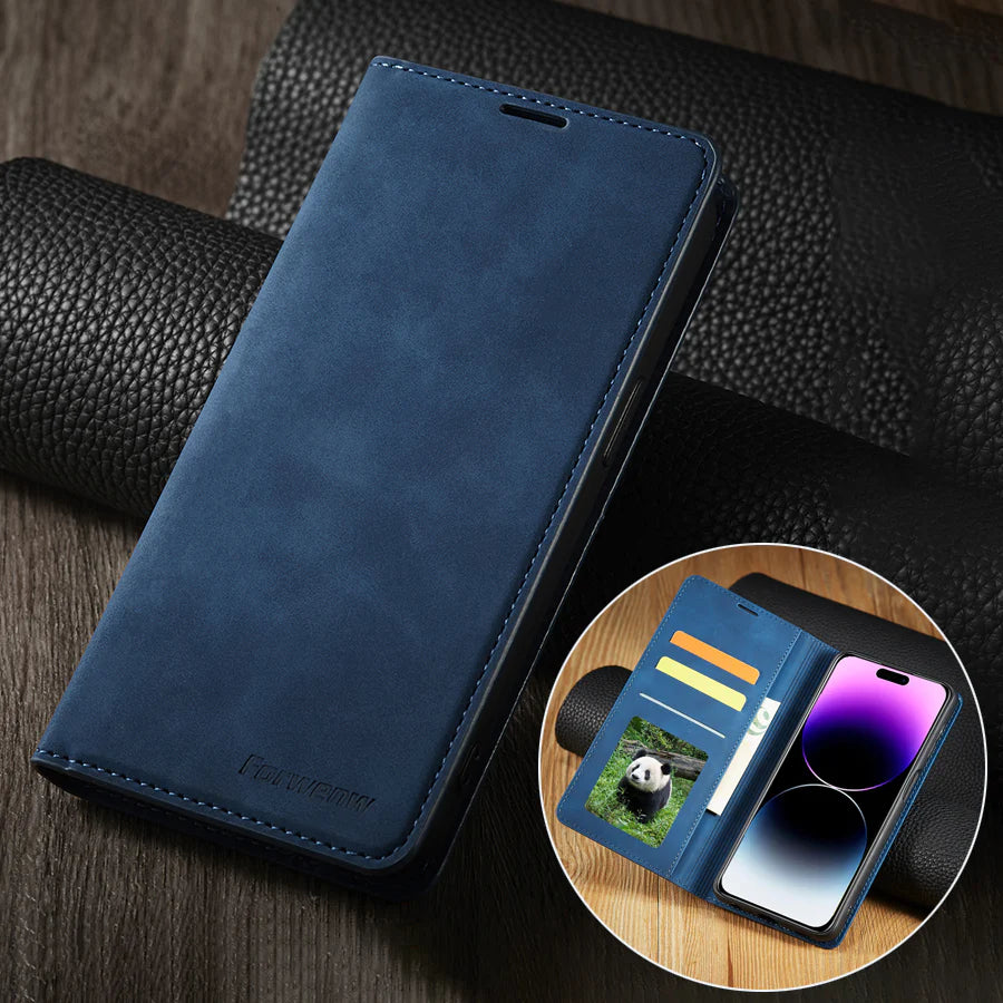 Ultra-Slim iPhone Leather Flip Wallet Case — Magnetic Suede Cover with Card Slots, Cash Pocket, Stand Function, Lightweight Full Body Protective Design
