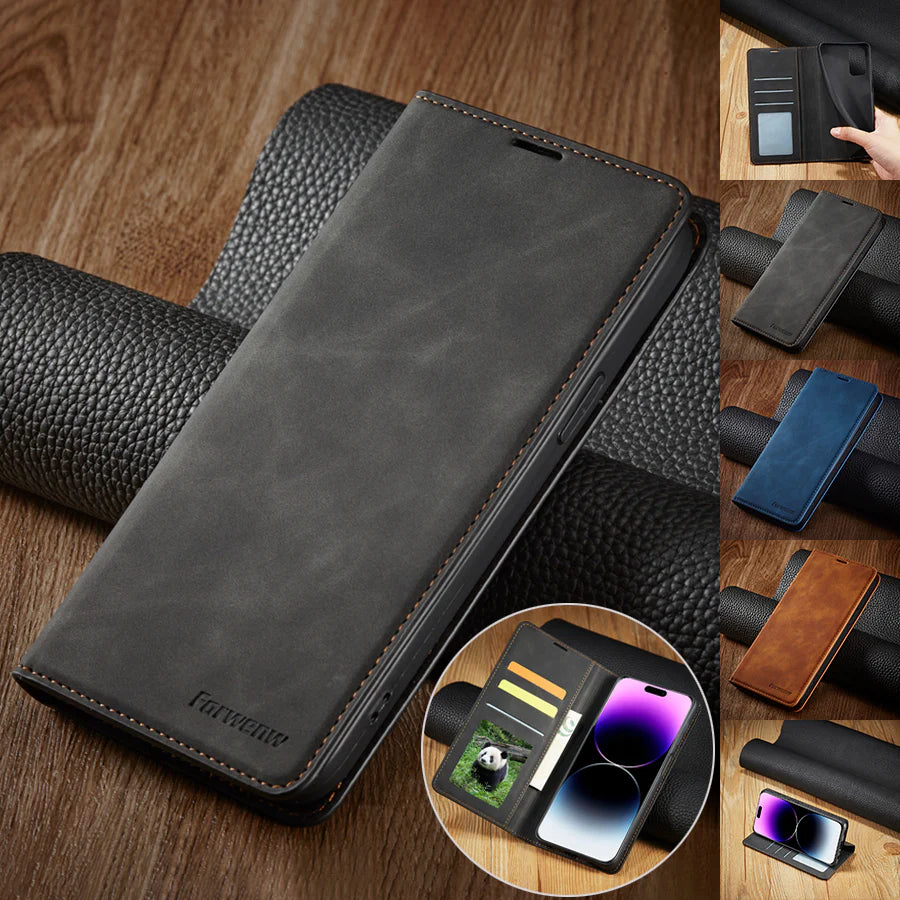 Ultra-Slim iPhone Leather Flip Wallet Case — Magnetic Suede Cover with Card Slots, Cash Pocket, Stand Function, Lightweight Full Body Protective Design
