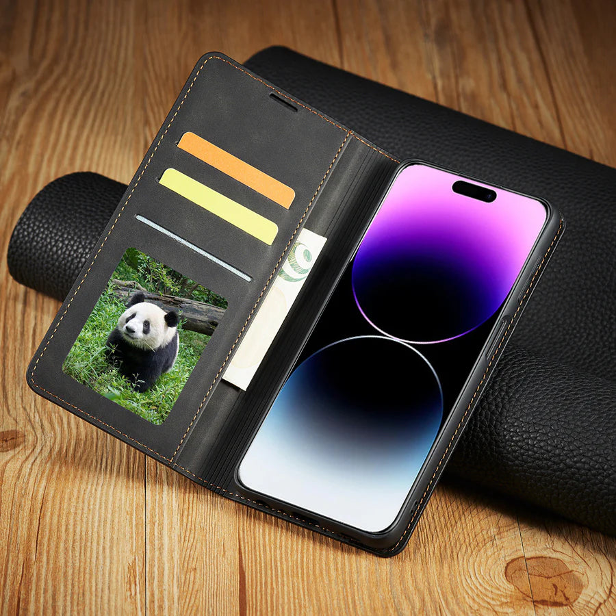 Ultra-Slim iPhone Leather Flip Wallet Case — Magnetic Suede Cover with Card Slots, Cash Pocket, Stand Function, Lightweight Full Body Protective Design