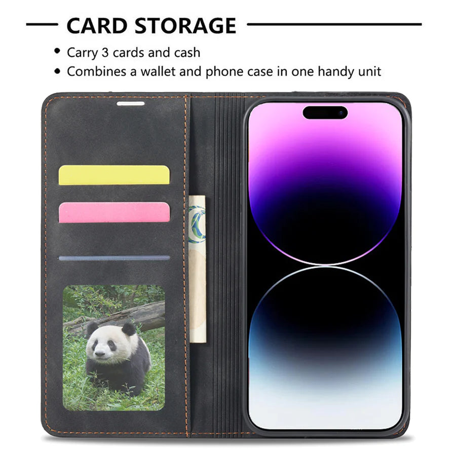 Ultra-Slim iPhone Leather Flip Wallet Case — Magnetic Suede Cover with Card Slots, Cash Pocket, Stand Function, Lightweight Full Body Protective Design