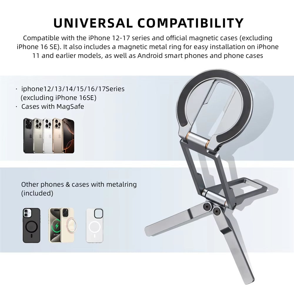 Ultra-Slim iPhone MagSafe Magnetic Phone Tripod Stand, Pocket Mini Holder with Strong N52 Magnet Grip & 360° Adjustable Mount