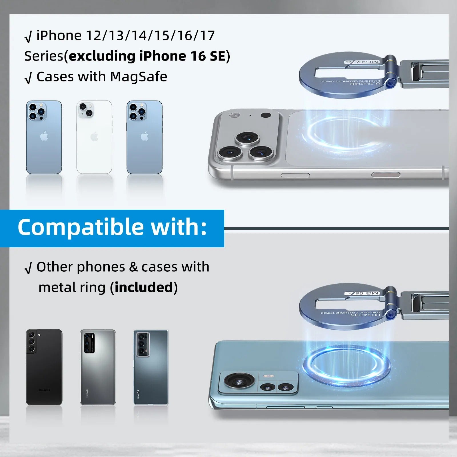 Ultra-Slim iPhone MagSafe Magnetic Phone Tripod Stand, Pocket Mini Holder with Strong N52 Magnet Grip & 360° Adjustable Mount