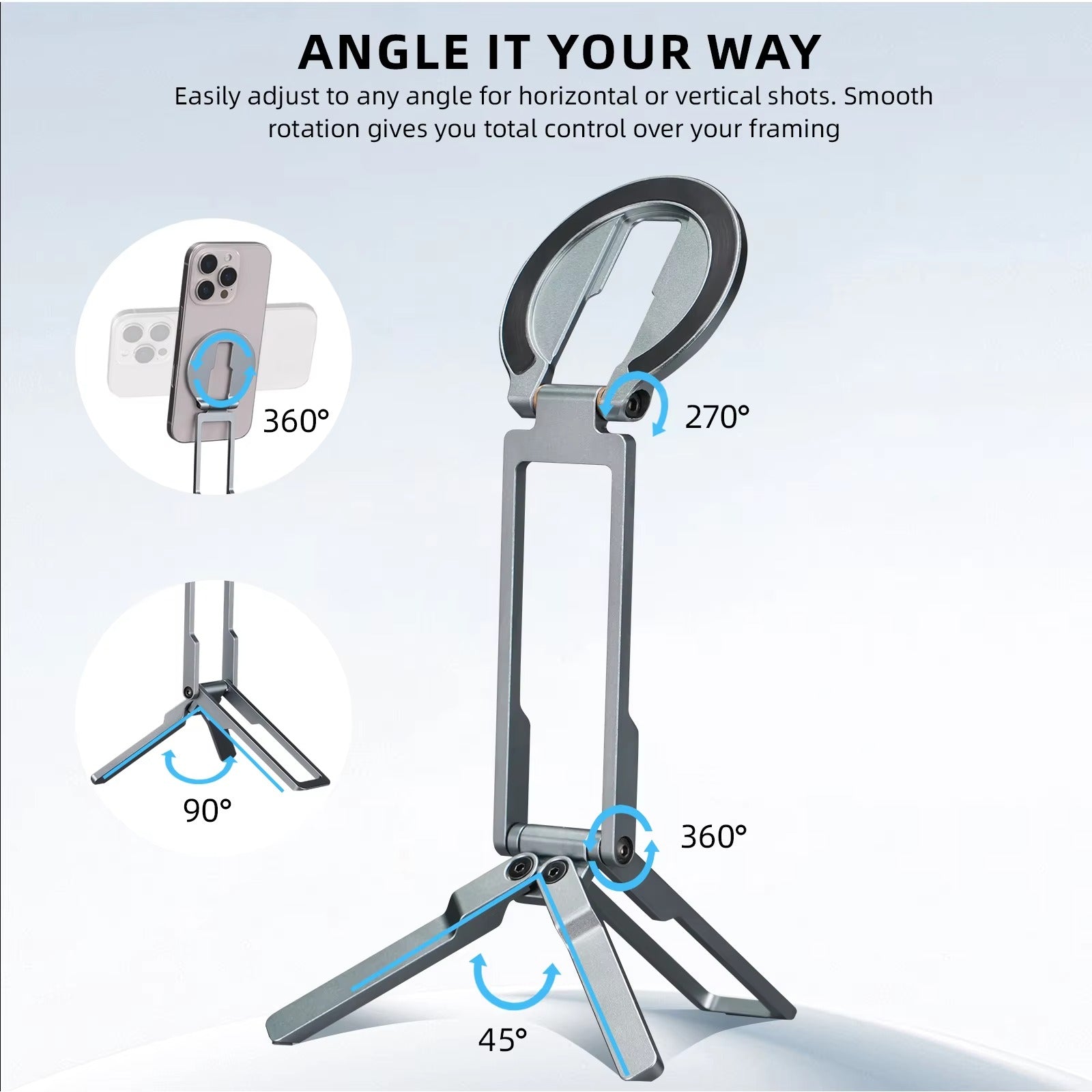 Ultra-Slim iPhone MagSafe Magnetic Phone Tripod Stand, Pocket Mini Holder with Strong N52 Magnet Grip & 360° Adjustable Mount