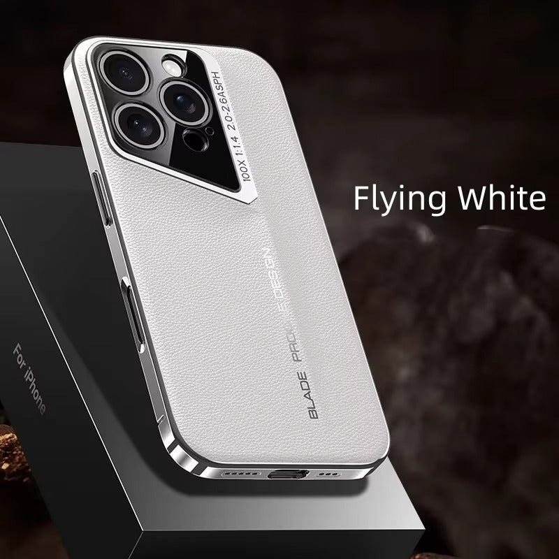 Luxury iPhone Case MagSafe Compatible Camera Lens Protection — Vegan PU Leather Cover, Electroplated Metal Frame, Slim Drop-Proof Business Style